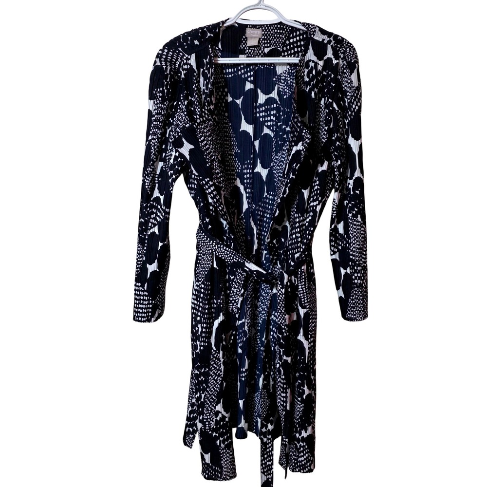 Chico's Women 1 M/L Wrap Jacket Navy White Abstract Travelers Pleated Belted